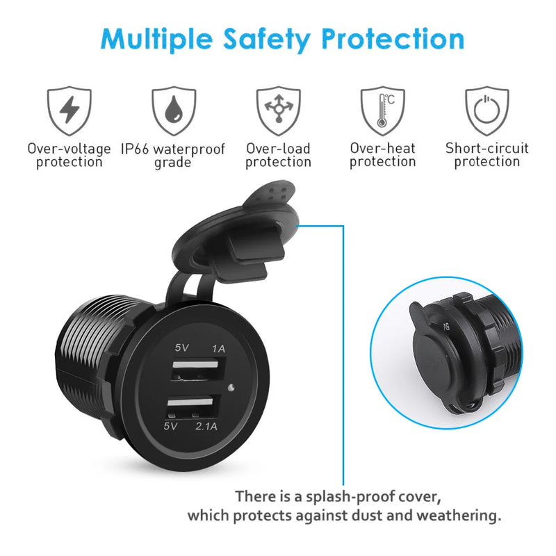 KEBID 12V Dual USB Port Car Charger Socket Plug Cigarette Lighter Outlet For Auto Boat Waterproof Mobile Phone Charging Adapter