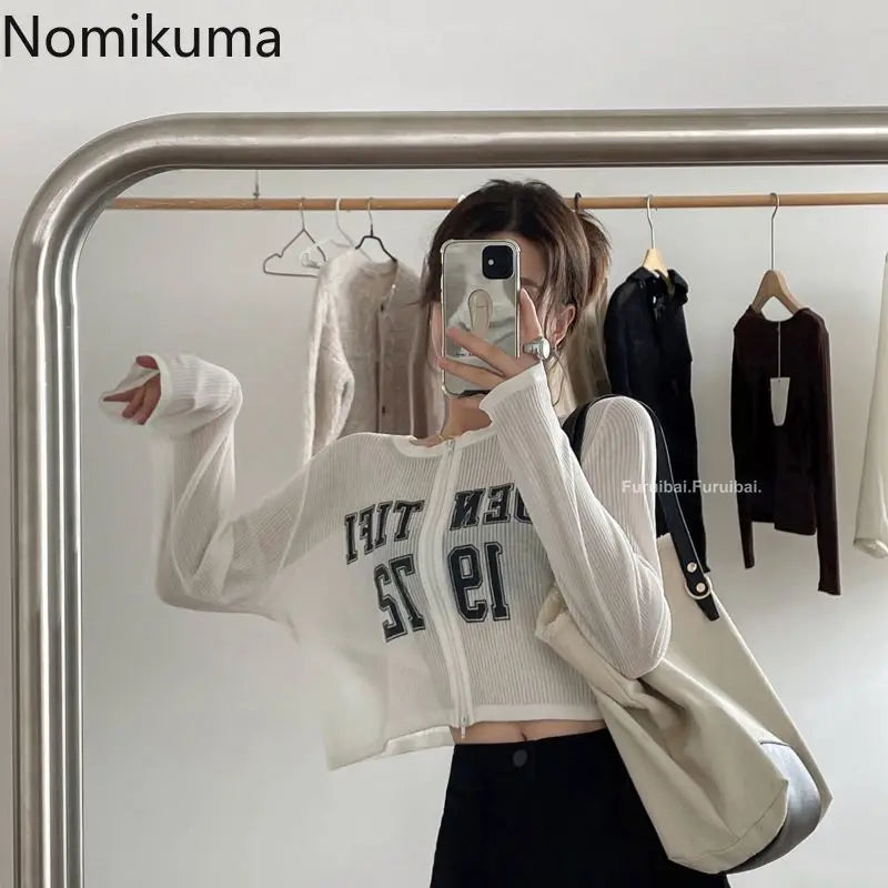 Knitted Cropped Cardigan Jackets Women Clothing Pull Femme Long Sleeve Zipper Letter Sueter Mujer Casual Fashion Sweater Tops