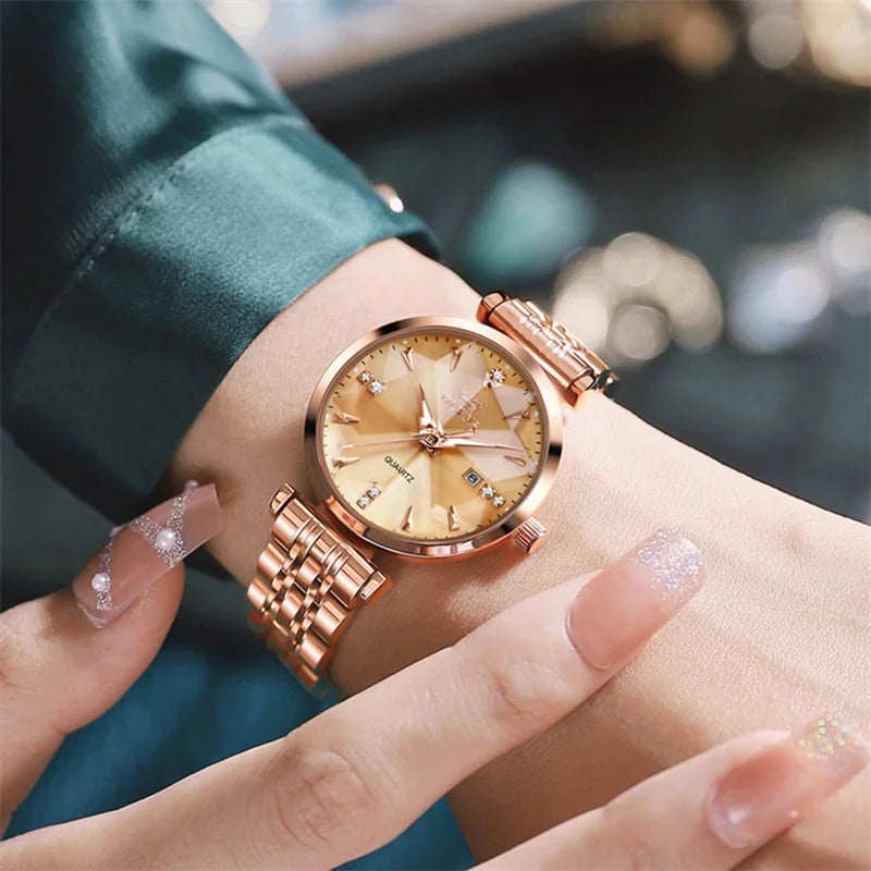 OLEVS Luxury Brand Classic Design Fashion Watch Women Rhombus Glass Rose Gold Waterproof Luminous Ladies Quartz Watches Reloj