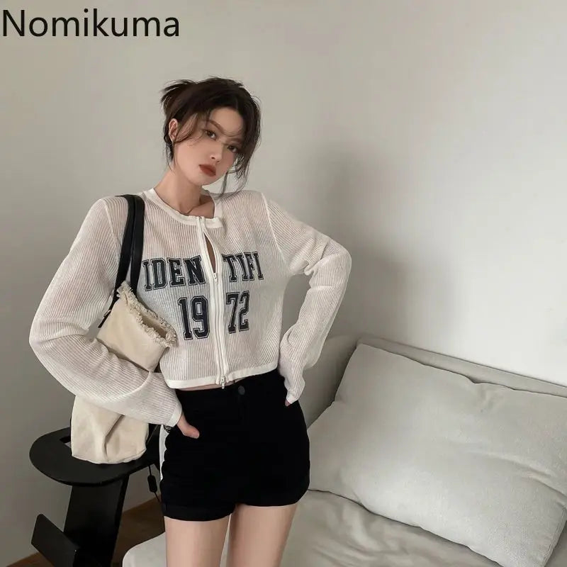 Knitted Cropped Cardigan Jackets Women Clothing Pull Femme Long Sleeve Zipper Letter Sueter Mujer Casual Fashion Sweater Tops