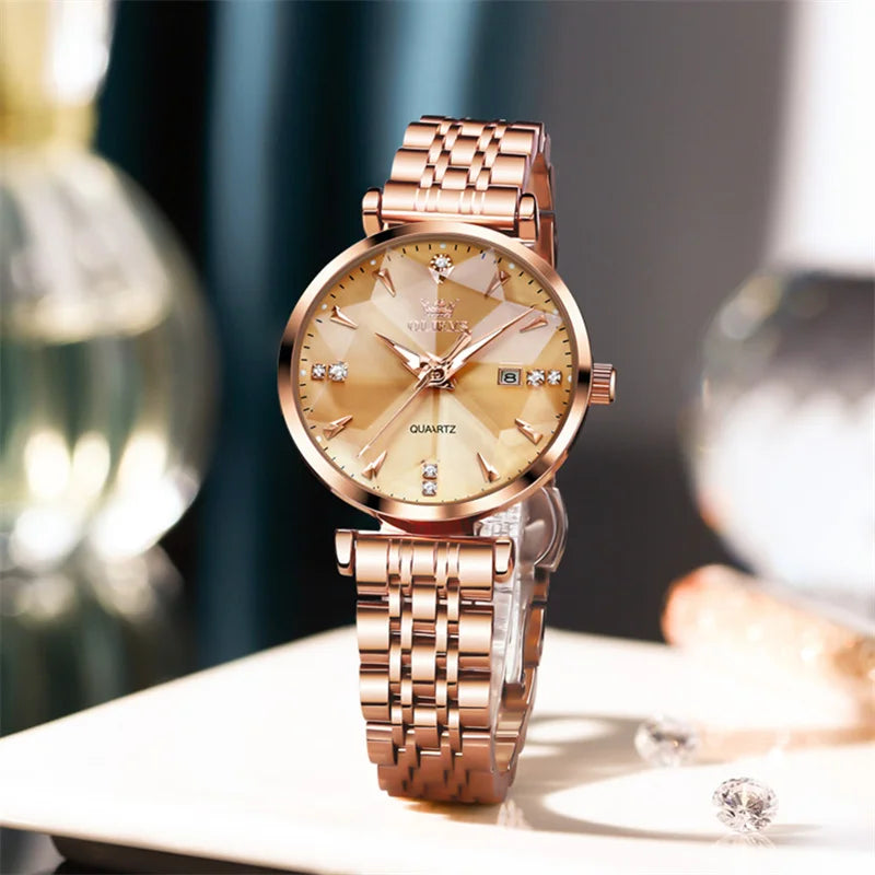 OLEVS Luxury Brand Classic Design Fashion Watch Women Rhombus Glass Rose Gold Waterproof Luminous Ladies Quartz Watches Reloj