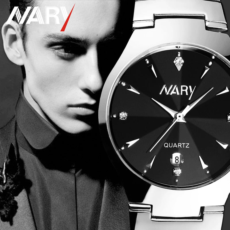 Nary moda simples amantes relógio de aço inoxidável alta qualidade relógio masculino à prova dwaterproof água calendário feminino relógio pulso 6112