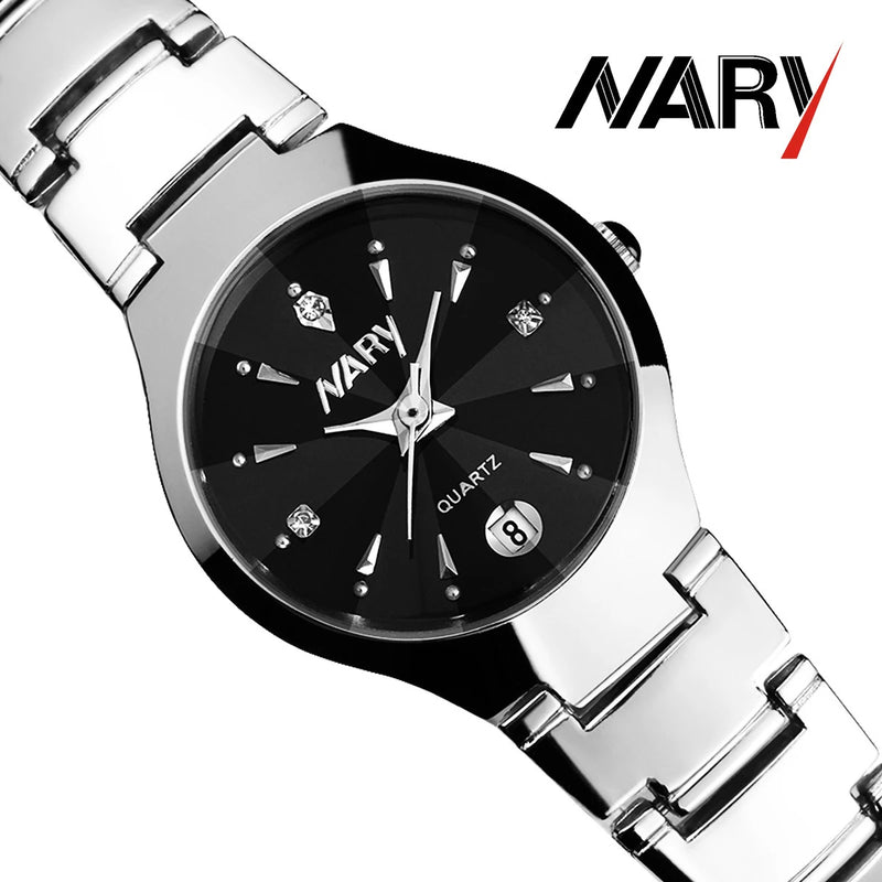 Nary moda simples amantes relógio de aço inoxidável alta qualidade relógio masculino à prova dwaterproof água calendário feminino relógio pulso 6112