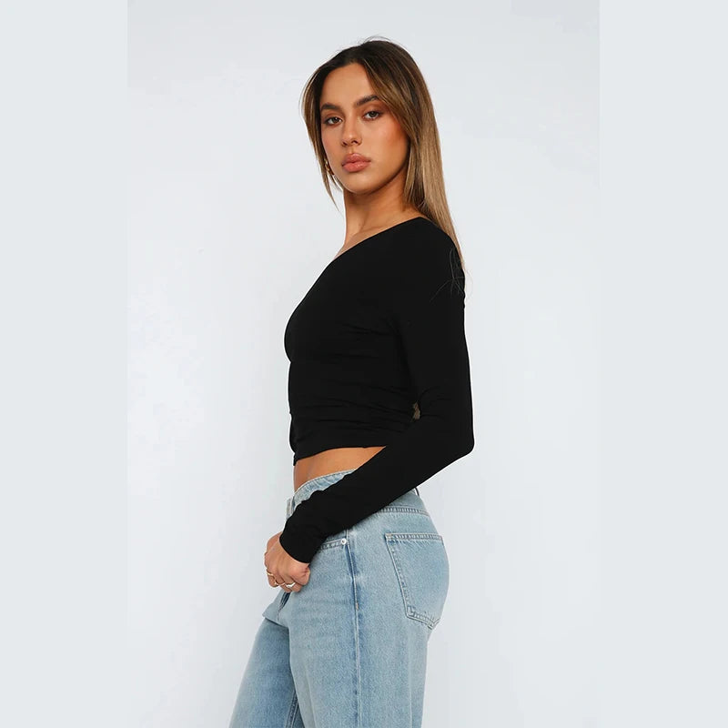 Women Spring Summer Casual Solid One Shoulder Base Shirt Pullover Skinny Elastic Breathable Pilates One Long Sleeve Tank Top