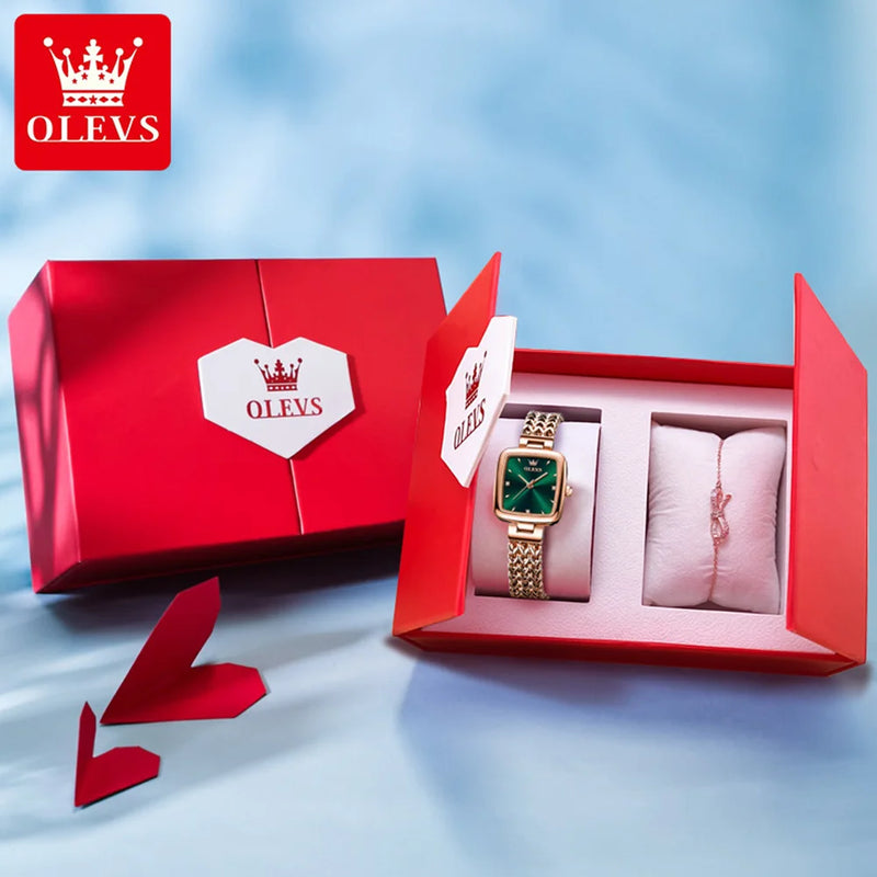 Olevs relógio de quartzo para mulheres elegante rosa ouro aço inoxidável relógio quadrado original senhoras relógios de pulso conjunto jóias presente luxo