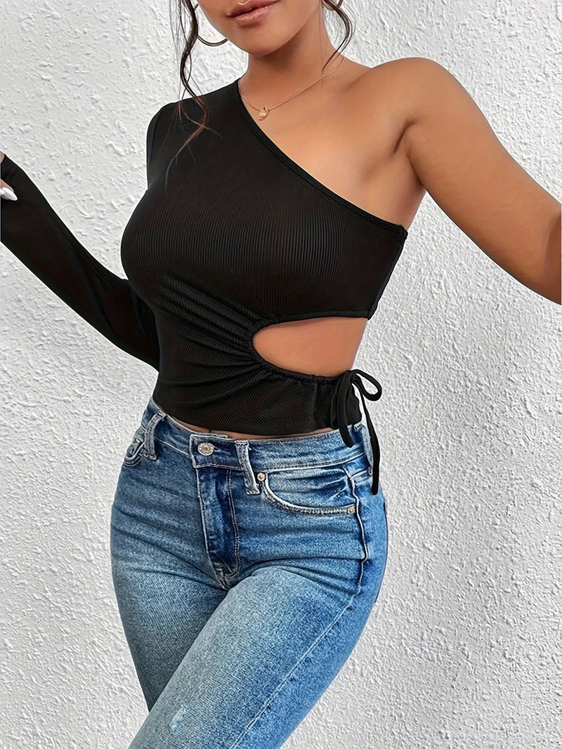 Fashion Women One-shoulder Long Sleeve Lace-up Cutout Top Slim Fit Elegant Holiday Party Prom Curvy Y2k Crop Top