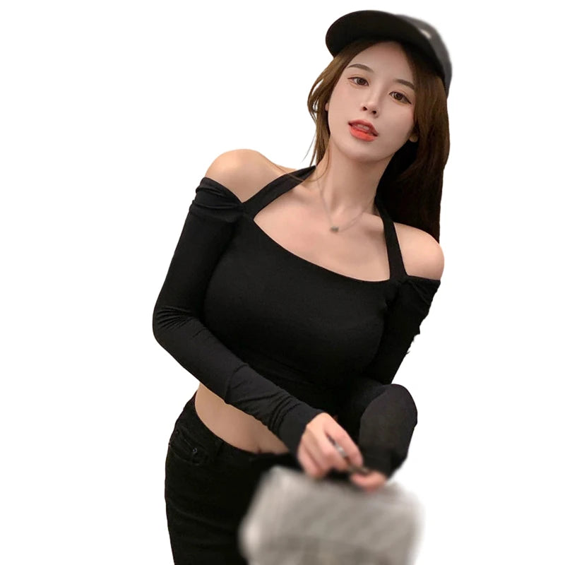 Korean version square neck halterneck slim sexy fashion crop top pure lust long sleeve t-shirt top