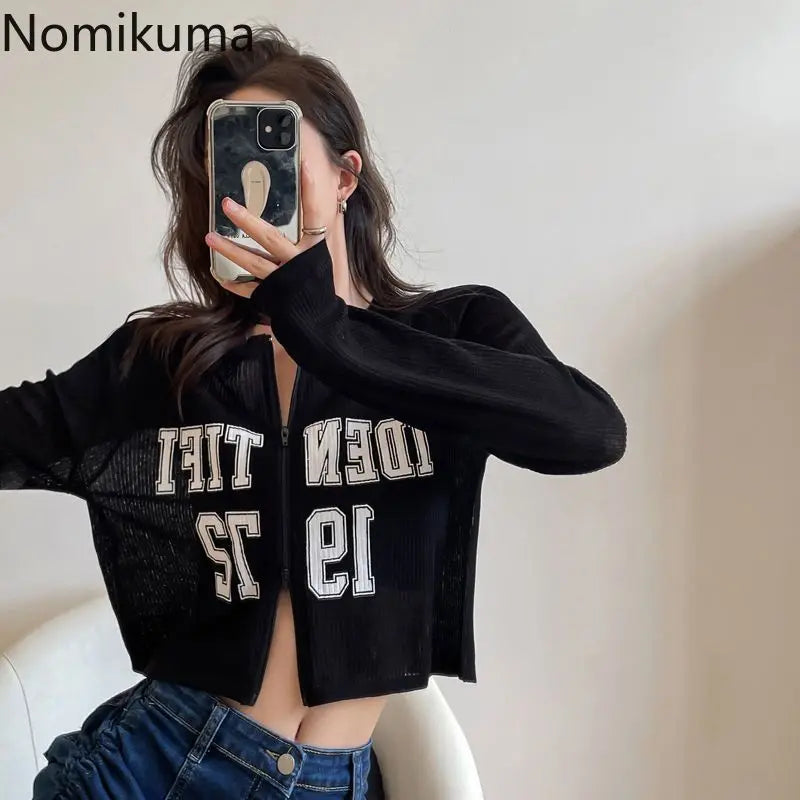 Knitted Cropped Cardigan Jackets Women Clothing Pull Femme Long Sleeve Zipper Letter Sueter Mujer Casual Fashion Sweater Tops