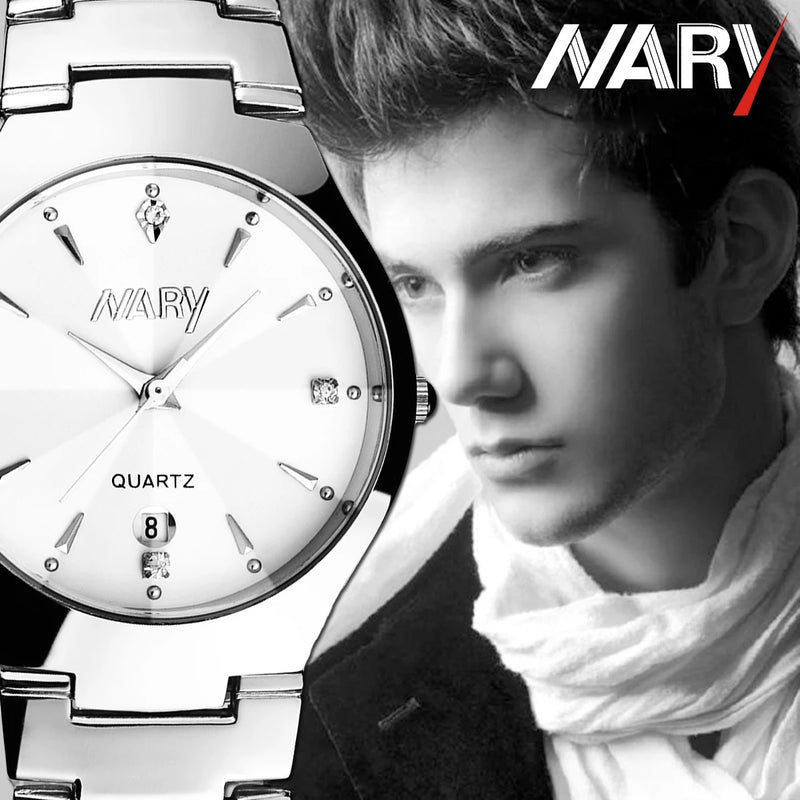 Nary moda simples amantes relógio de aço inoxidável alta qualidade relógio masculino à prova dwaterproof água calendário feminino relógio pulso 6112