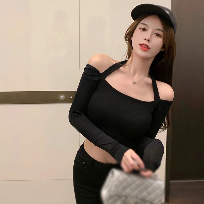 Korean version square neck halterneck slim sexy fashion crop top pure lust long sleeve t-shirt top