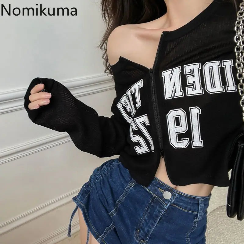 Knitted Cropped Cardigan Jackets Women Clothing Pull Femme Long Sleeve Zipper Letter Sueter Mujer Casual Fashion Sweater Tops