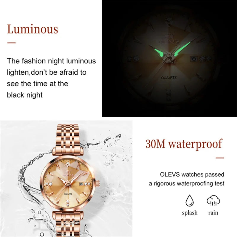 OLEVS Luxury Brand Classic Design Fashion Watch Women Rhombus Glass Rose Gold Waterproof Luminous Ladies Quartz Watches Reloj