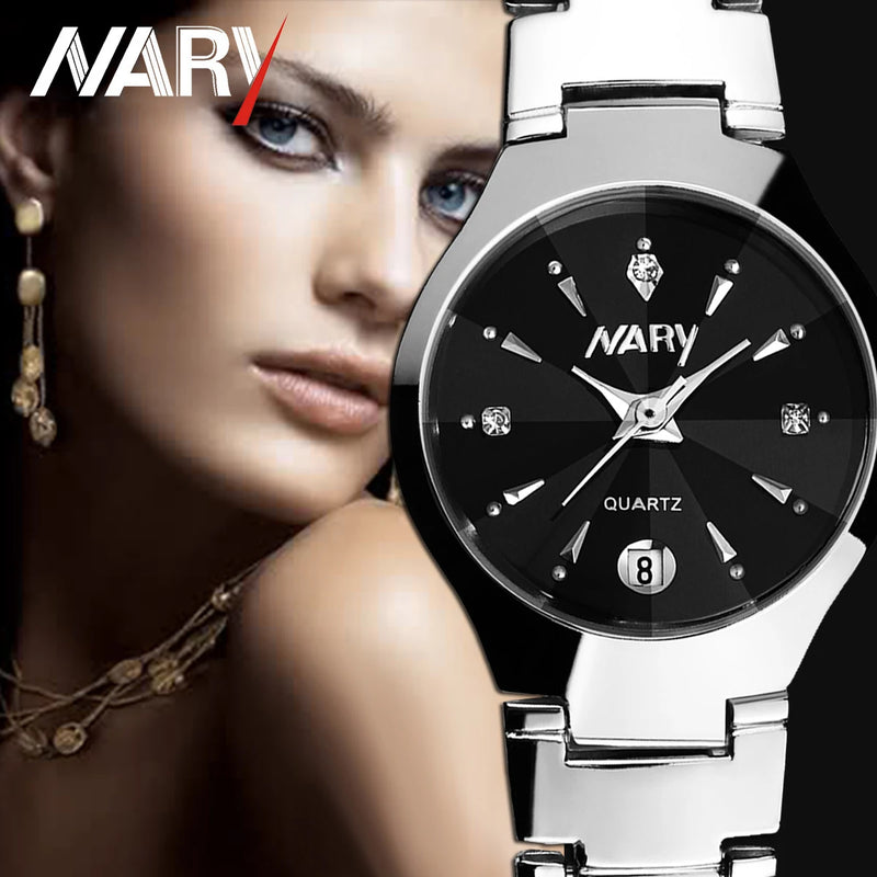 Nary moda simples amantes relógio de aço inoxidável alta qualidade relógio masculino à prova dwaterproof água calendário feminino relógio pulso 6112