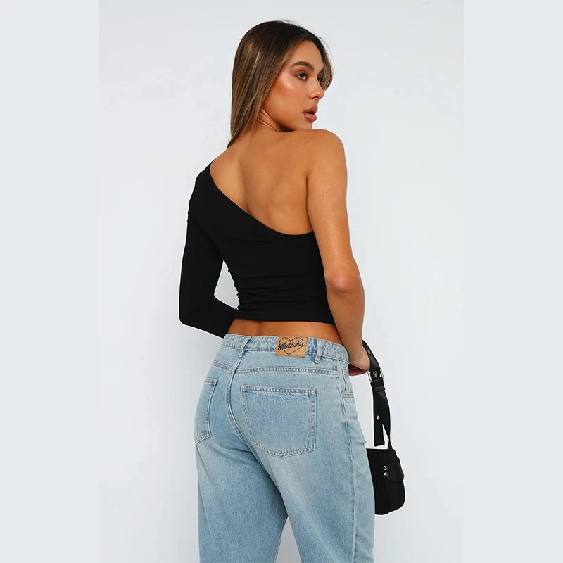 Women Spring Summer Casual Solid One Shoulder Base Shirt Pullover Skinny Elastic Breathable Pilates One Long Sleeve Tank Top